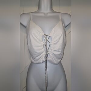 Forever 21 White Diamond Rhinestone Tie-Up Crop Top, Small, Glam Party Clubwear